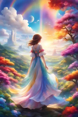 In a captivating anime world brimming with enchantment and joy, a stunning girl emerges, adorned with colors that breathe life into a magical landscape. This vibrant and majestic realm becomes a sanctuary where dreams unfurl and come alive, painting the horizon in a kaleidoscope of colors within a dazzling rainbow land.