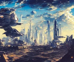 Spaceship starting from a Spaceport on a heavy industrialized planet with a vibrant city in the background, art by John Berkey, buildings with glass facades, insanely detailed, vibrant, 8k uhd, cinematic atmosphere, ultra-wide angle, street level view, brush strokes, blue sky with clouds, sharp focus