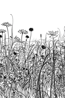 Outline art, line art, field of wild flowers, cartoon style, black and white, low detail, no shading, --ar 9:11