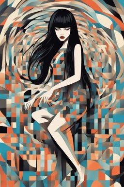 Neo Surrealism, whimsical art, Analytical Cubism Illustration Design a perfect pretty girl, black long hair, Split-Complementary color guide, Plasma Energy Texture, abstract background, girl, Pose with movement, often for geometric deconstruction, monochromatic palette, or fragmented forms.