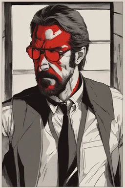 a tough looking, angry Hans Gruber wearing solid red glasses