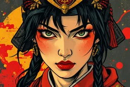 Portrait of a samurai girl with an obsessive, vengeful spirit in the style of Van Gogh, Gustav Klimt, and Kay Nielsen with a bold dramatic color scheme inked by Frank MIller