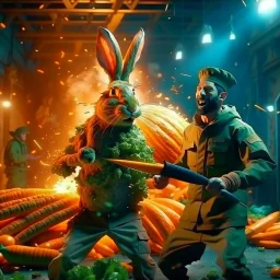 portrait of crazy cook and army officer shooting huge carrots and food with lightening inside grove with huge fluffy levitating yoga hare with mutations getting blasted by explosions, 4 k, down-light, soft light, depth of field, photo realism, trending on art station, high detail, spray paint