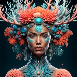 woman 3D rendering of an impressively detailed and complex hyper-realistic "coral": front view, colorful, antlers, rainforest, tribalism, detailed flowers, shamanism, cosmic fractals, dystopian, octane rendering, post-production 8k, dendritic, artstation: award-win : Professional Portrait: Atmospheric: Powerful: Fantastic: Clarity: 16k: Ultra Quality: Astounding: Brightness: Stunning Colors: Stunning Depth