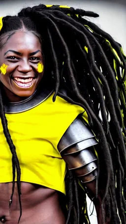 A woman has dark skin, yellow eyes and black dreadlocks. Her face has a slying smile, showing her superiority in the eyes of others. She is dressed in a steel armor with a few pieces of yellow and green fabric sticking out.