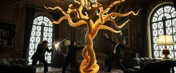 Some well dressed cult figures fighting to contain energy from floating chtonian glowing snakelike tree made by twisted snakelike sticks creating weird geometric form in dramatic scene in luxury parlour in the style of Giger and Escher