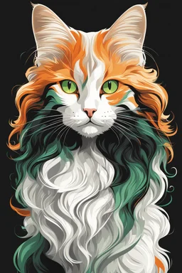 Vector illustration of a beautiful cat with long, wavy, thick hair, pointed ears, bright green eyes, orange, black and white colors, ultra quality, full body