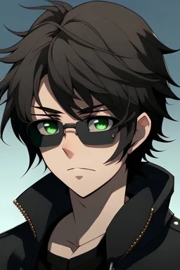 An anime boy with black eyes and hair, wearing a black jacket and sunglasses