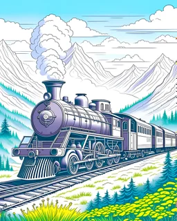 steam train chugs through rural mountainside scenery ,Coloring Book for Adults, Grayscale Coloring Book