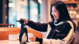 young woman talk to a penguin in coffee-shop