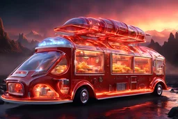 Futuristic crystal Clear glass food truck shaped like a firetruck, spacecraft "5 Alarm Chili" food hovercraft theme, surreal fantastical otherworldly vehicle with the side open with an ordering window and food bar, elaborate, vibrant, fantastical hyperrealistic, maximalist, insanely detailed, concept art, nighttime, "5 ALARM CHILI" logo, by Amir Zand