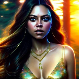 a beautiful closeup portrait of mila kunis, magical forest background, serene colors, dramatic light, gorgeous view, depth, high detail, digital art, painted by seb mckinnon and greg rutkowski, trending on artstation