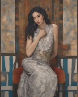 Masterpiece, fine art, award winning, eye candy in the style of gustav klimt , (Suhaila Ben Lachhab::Heidi Moussa:1.5) in breathtaking piece that emphasizes the stunning cheek bones, texturized black hair, (cottagecore aesthetic with extreme sensuality, Irresistible with (porcelain skin, (sitting on an old chair:18),high detail,perfect blending, the chair is used to create a golden center ratio of the centered image, Conceptual art, art nouveau style, symbolism in the kiss of vienna, modern art