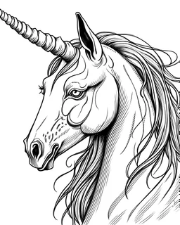 b/w mock up unicorn draw two ears page low detail correct character white background wide mane