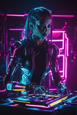 Cyborg Girl playing turntable dj pleyer in a dark neon room