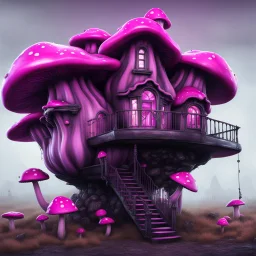 A funny floating mushroom house in space. neutral colors, black purple pink, Detailed gloss Painting, rich color, fantastical, intricate detail, splash screen, hyperdetailed, insane depth, concept art, 8k resolution, trending on Artstation, Unreal Engine 5, color depth, dynamic lighting, splash art, dramatic, masterpiece, excellent quality beautiful Imaginative, unique,