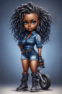 create an airbrush illustration of a chibi cartoon voluptuous black female wearing a blue jean outfit with biker boots. Prominent make up with hazel eyes. Extremely highly detail of a short and shiny twisted dreadlocks. Background of a bike show.