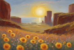 sunny day, planet in the sky, rocks, flowers, cliffs, sci-fi, friedrich eckenfelder and henry luyten impressionism paintings