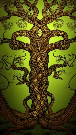 Create a wallpaper with Yggdrasil and a serpent. The tree should have intricate details and foliage/roots that intertwine. The serpent should surround the tree. Use earthy colors like green, brown, and gold. The overall aesthetic should be grand and epic.