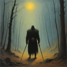 [art by Zdzisław Beksiński] THE DEATH DEALER: tribeless barbarian in a large forest that, after the end of the Ice Age, will one day become the Mediterranean sea. When the Mongol-esque Kitzaak Horde invade the forest, various parties try to recruit Gath's aid to defend against them. One of them, the beautiful sorceress Cobra, gives Gath a helmet possessed by the god of death. The helmet gives him godlike power but at the same time tries to break Gath to its will. With the help of the worldly tra