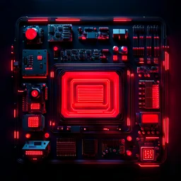 computer components, cyberpunk style, red lighting black background
