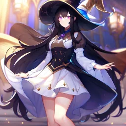 Clear focus, High resolution, Black long fluffy hair, purple eyes, wearing a witch outfit, wearing a white short skirt