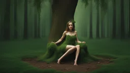 woman made of tiny green leaves, legs formed by branches, sitting next to a tree stump, in a green wood