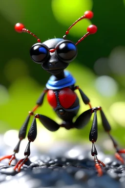 primer plano de una hormiga parada en dos patas, que se acaba de recibir de la universidad, usando anteojos, neopunk, en un ambiente festivo, al aire libre, vestida con ropa casual