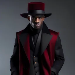 create a luxury long asymmetrical black mens wool coat with oversized shoulders and a black long sleeve shirt with a collar under it and silver metallic details worn by a black male model with a wine red, black nepalisian hat