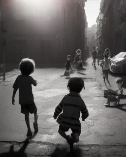 children playing on the street capture them against the sun and make an art silhouette, details, sharp, black and white