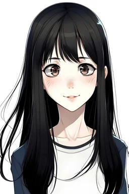 A girl has long straight black hair woth big eyes big nois and a small mouth tall and slim on a big house real