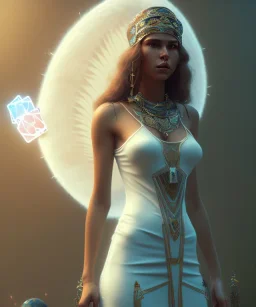 Gipsy, beautiful, curvy body, white fabric dress, beautiful long hair, bandana covering head, long earings, head and shoulders portrait, holding tarot card, 8k resolution concept art portrait by Greg Rutkowski, Unreal Engine 5 volumetric lighting