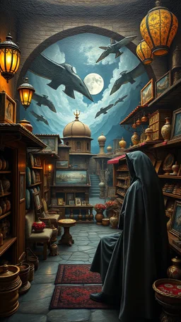 Bosch painting style nightmare , 3D , a gift store from the middle eastern decor on the background, high Quality picture , 8k