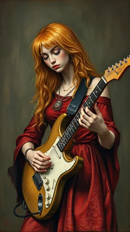 Hieronymus Bosch style , a blond women with red hair playing the electric guitar