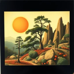 Polaroid photo of a peaceful marvelous landscape, trees, flowers, giant sun, bas-relief, decal, very spooky figure, intricate, rock formations, atmosphere of a Max Ernst painting, Henri Rousseau, thoughtful, interesting, a bit appalling, smooth