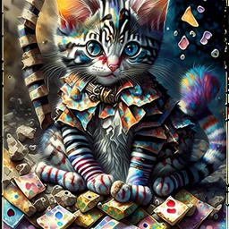 Cute little Harlequin cat patchwork art by cameron gray epic poster, Hyper realistic cat clown. sits on a pile of fish bones watercolor painting, Jean-Baptiste Monge style, bright, beautiful in spring, splash, big perfect eyes, rim lighting, lights, magic, fantasy, digital art, wlop, artgerm and james jean Modifiers: 8k cinematic lighting photorealistic 4K 3D crisp quality hdr Ultra realistic Gian Lorenzo Bernini Geometric and cubist