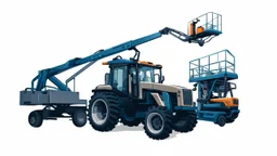 a generic Boom-lift(Left extended overhead), tractor(Middle) and scissor-lift(Right) on a white background. Smooth vector
