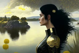 Photorealistic skinny woman with black hair, in a gold and black android suit, standing, looking out over a lake, with flying dandelion heads with octopus tentacles, with tall narrow cloud trees in the distance