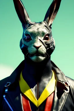 Medium Close Up Portrait, Front image. cyberpunk, rabbit mask, spanish man, white short hair. leather, titanium suit. Yellow, black, red, color. Retro futuristic style. Color background, photo studio. Avatar image, highly detailed, concept art, smooth, unreal engine 5, god rays, ray tracing, RTX, lumen lighting, ultra detail, volumetric lighting, 3d, finely drawn, high definition, high resolution.