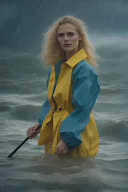 In the music video, a 23-year-old woman with blonde hair and bright blue eyes stands in the sea, dressed in a yellow fisherman's jacket. She holds an umbrella, but it offers no protection from the pouring rain. Around her, seahorses are moving. The rain is pouring heavily. She is standing in the middle of the sea. You can see here completely. The rain is pouring really really hard. horses