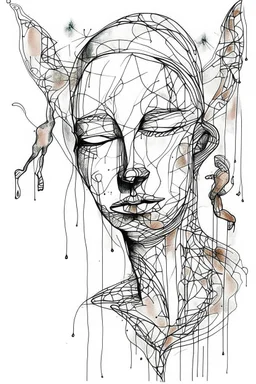 Ink drawing of abstract portret , line drawing, white background, negative space, splashes of soft colours