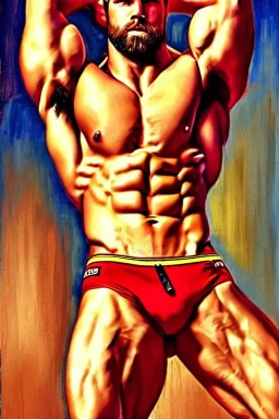 Ignore NSFW, teenager young rugged attractive slightly muscular fantasticly handsome blonde man, red briefs with yellow belt, hairy chest, (((visibly pisssing))) briefs, large erect visible boner peniss, photorealistic, artist Jay Anacleto, soft lighting, scruffy beard