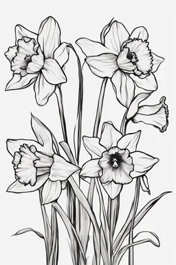 outline art for Spring: Daffodils , White background. sketch style, clean line art, white background, no shadow and clear. White/black