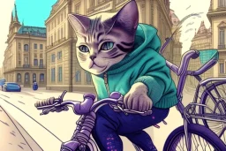 One single cat with jeans and sweater, riding on a bike in Vienna, perfect iris, manga style, cute