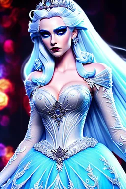 Full body de hermosa y malvada reina del hielo, pelo blanco, ojos azules luminosos, vestimenta intrincada, hiperdetallada, calidad ultra, increíble obra de arte