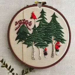 exquisite whimsical christmas forest in embroidery hoop, intricate, highly detailed, linen and wood backdrop