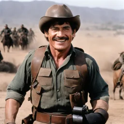 [in the heart of battle] Charles Bronson smiles, ready to fight, in dust, rust and blood, his body is covered with cartridge belts