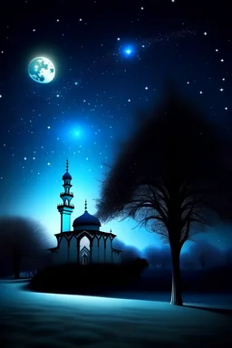 Night view, lune, tree, mosque, white blue ray, stars