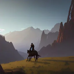  mountains with medieval knight traveling on a horse in the background