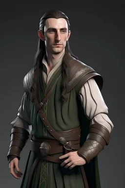 beautiful male on his thirties high elf ranger wearing medieval clothes with hands behind his back